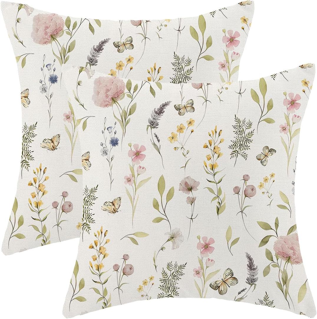 Spring Pillow Covers 20x20 Inch Set of 2, Sage Green Pink Wild Flower Throw Pillows Case,Colorful Seasonal Floral Plant Outdoor Decorative Farmhouse Decor Cushion Covers for Home Sofa Bed Couch