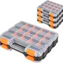 Tool Box with Transparent Lid, Double Side 34-Compartments Organizer Box with Removable Dividers for Hardware, Screws, Bolts, Nails, Beads, Jewelry and Fishing Accessories, Orange, 4 Pack