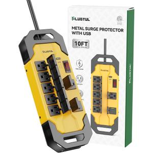 PLUGTUL Heavy Duty Surge Protector with USB Ports(PD 30W), 15A Metal Power Strip with Safety Cover, 10FT Extension Cord, 14/3 AWG, 2040Joules, Kitchen, Garage, Shop, Industrial Wall Mount, ETL Listed