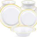 Havawish 150 Pcs Gold Disposable Plastic Plates and Bowls sets for 50 Guests, Dinnerware Set with Gold Rim 50 Plates 50 Dessert Plate 50 Blows for Wedding Anniversary Birthday Valentines Day