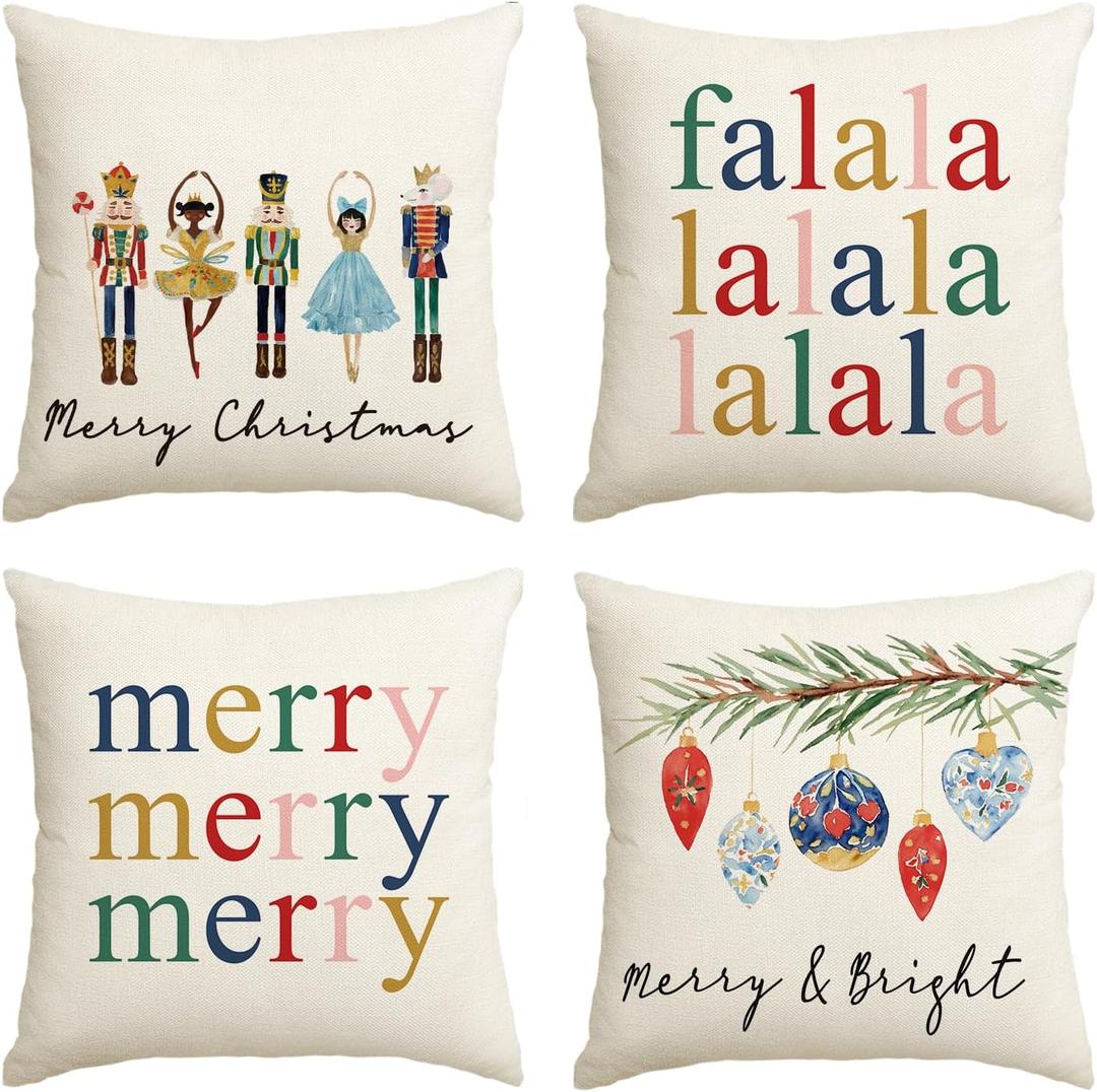 AVOIN colorlife Merry Christmas Nutcracker Throw Pillow Covers, 20 x 20 Inch Winter Holiday Party Cushion Case Decoration for Sofa Couch Set of 4 (White)