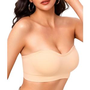 Strapless Bras for Women Non-Slip Wireless Bandeau Bra Seamless Padded Tube Top Bra Including Fabric & Clear Straps (Beige, S)
