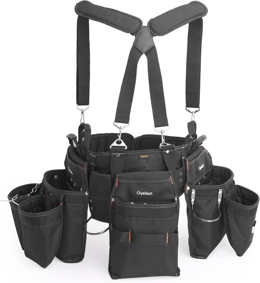 Chyaidach 16-Pockets Tool Belts for man with Suspenders, Detachable & Adjustable Tool Pouches Bag & Back Support Tool belt Combo For Electrician/Carpenter/Construction/Framers/Handyman