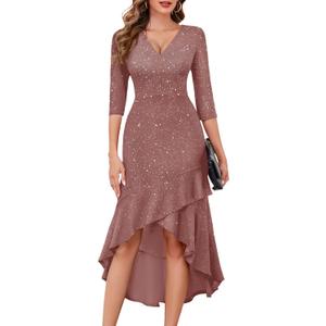 BeryLove Sequin Formal Cocktail Wedding Guest Dress Prom Sparkly Party Evening Gowns Ruffle Hi Low Midi Dresses (Medium, Blush)