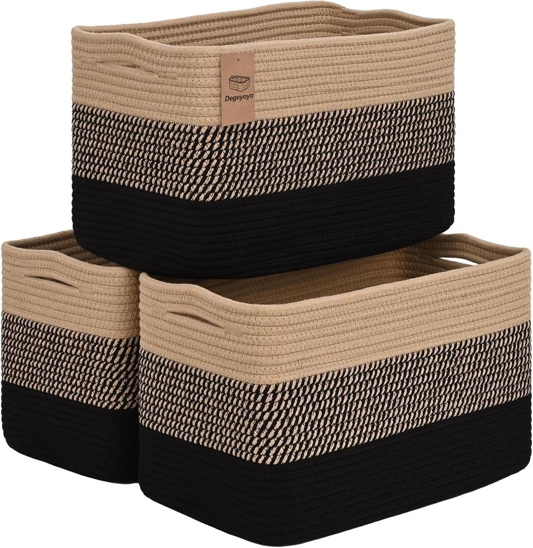 Degeyoyo Woven Storage Baskets, Baskets for Organizing, 3 Pack Woven Basket for Storage, Storage Baskets for Shelf, Towel, Toy, Book, Closet, Baby 15"10"9" (Black&Brown)