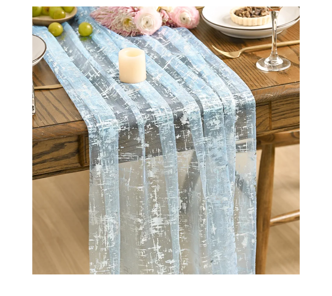 SiinvdaBZX Light Blue Table Runner 120 Inch 10 Ft, Sheer Gauze Tulle Sequin Silvery Glitter Metallic Foil Table Runners for Dining Wedding Anniversary Party Birthday Christmas Thanksgiving