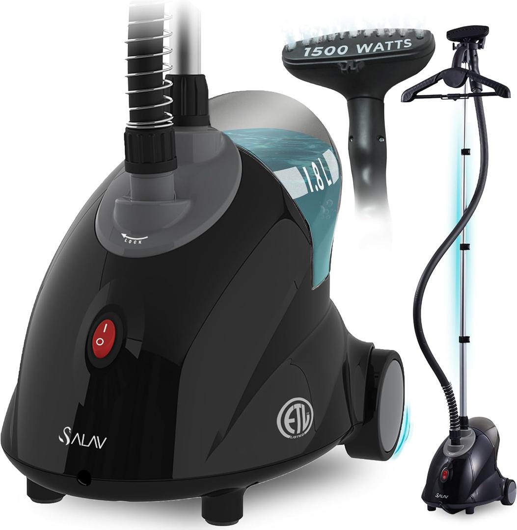 SALAV GS18-DJ Standing Garment Steamer with Roll Wheels for Easy Movement, 1.8L Water Tank for 1 Hour Continuous Steaming, Adjustable Pole for Storage, Includes Descaler Packet, 1500 watts (Black)