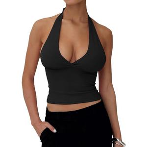 Women's Deep V Neck Halter Tie Back Tank Top Sleeveless Slim Fitted Summer Crop Top, Size: M