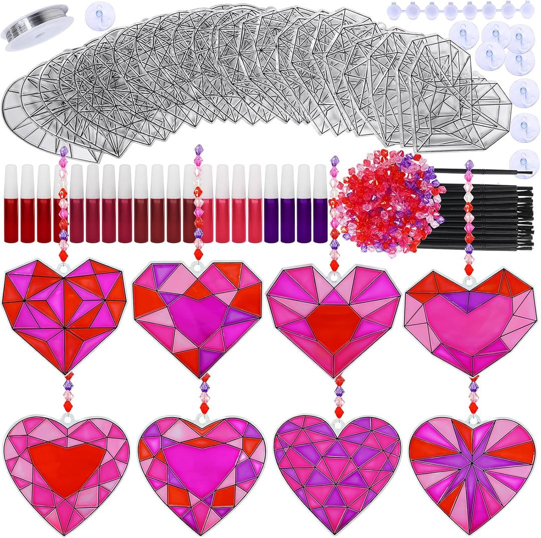 Winlyn 24 Sets Heart Suncatchers Ornaments Decorations DIY Window Paint Art Stickers Craft Kit Heart Sun Catchers for Kids Valentine's Day Pirate-Themed Birthday Activities Art Project Party Favors