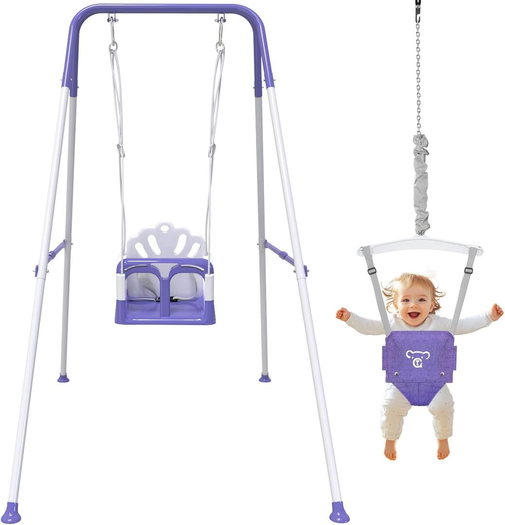 Foldable Toddler Swing Set and Baby Jumper, Indoor & Outdoor Use, Baby Bouncer Jumper, Safe and Durable Swing Set for Backyard (Purple)