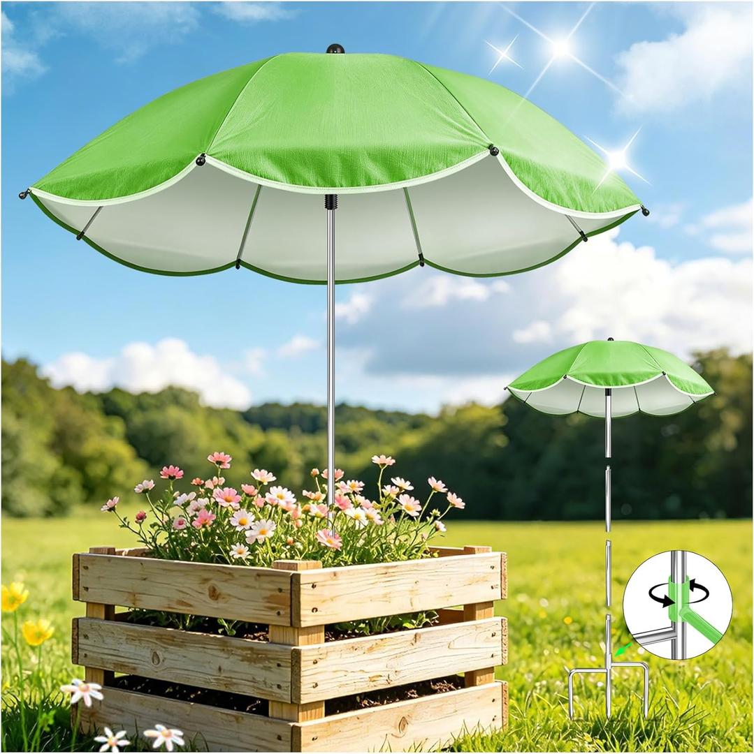 1Pack Plant Umbrellas for Outdoor Plants, Upgraded 360 Rotating 3-Prong Ground Stake for Stronger Grip, Stable Garden Shade Umbrella for Flowers, Vegetables, Fruit Trees, Raised Beds & Planters Green