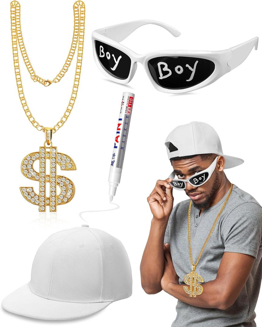 4 Pcs Halloween Hip Hop Costume Kit Rapper Accessories 2000s 80s 90s Outfit for Adults Rapper Sunglasses