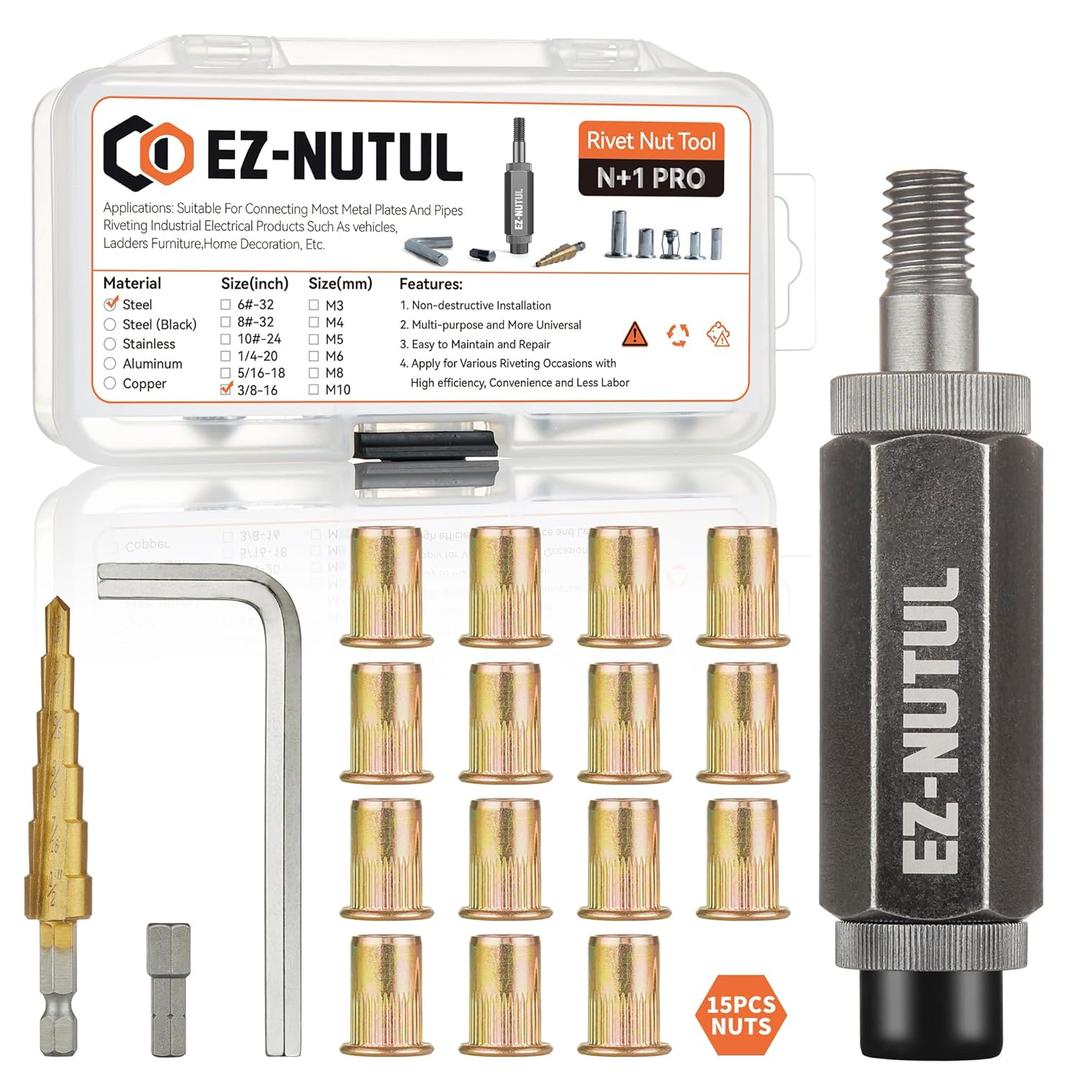Rivet Nut Installation Tool Set Flat Head Rivnut Threaded Insert Nut Kit SAE & Metric for Metal Heavy Duty Zinc Plated Nutsert (3/8-16(Rivet Nut Tool-15pcs))