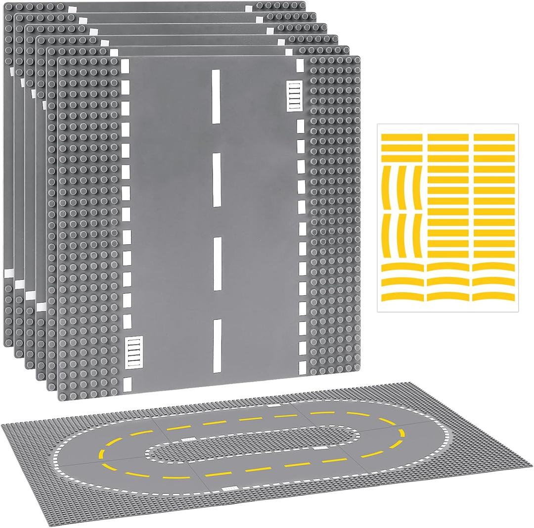 6 Pack Road Base Plates for Building, Compatible with Lego Classic Bricks, 10 x 10 Baseplates Fits for Lego Roads, Road Base Plates for City Sets (Attached DIY Stickers)