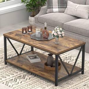 EXCEFUR Modern Coffee Table, Industrial Metal and Wood Living Room Table with Storage Shelf, Rustic Brown, 39"