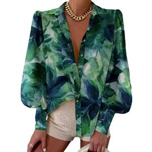 BTFBM Women Fashion Button Down Shirts V Neck Printed Solid Boho Long Sleeve Blouses Dressy Casual Summer Spring Tops (Small, Green)