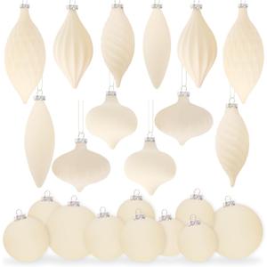 30PCS Velvet Christmas Ornaments Set, Various Shapes Flocked Christmas Ornament Xmas Tree Balls with Hanging Ropes, Shatterproof Plastic Balls Decorations for Holiday Party Indoor Home, Beige
