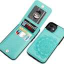 Vaburs Compatible with iPhone 12 and iPhone 12 Pro Case with Wallet Card Holder,Embossed Mandala Pattern Flower PU Leather 4 Card Slots Kickstand Shockproof Flip Cover 6.1 Inch(Green)