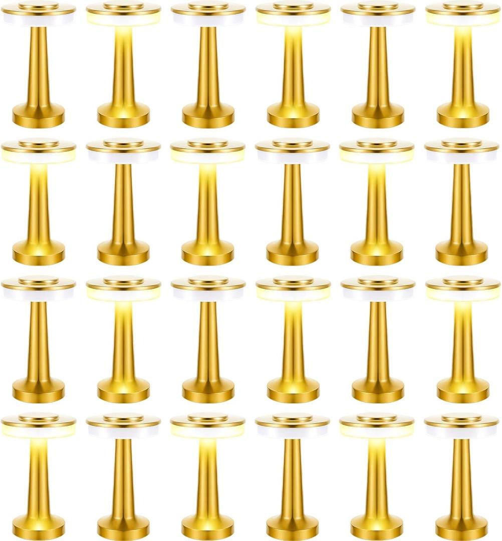 VIHOSE 24 Pcs Gold Cordless Table Lamps LED Portable Rechargeable Table Lamp with Touch Sensor 3 Color Dimming up to 15 Hours Battery Desk Light for Restaurant Nursery Living Room