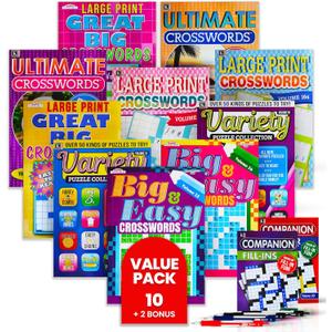 10-Pack Large Print Crossword Puzzles for Seniors Plus 2 Fill-In Puzzle Books and 4 Pens - Big, Bold, Easy-to-Read, Perfect Brain Stimulation Elderly Games for Retirement, Hospital Activities (8 x 10)