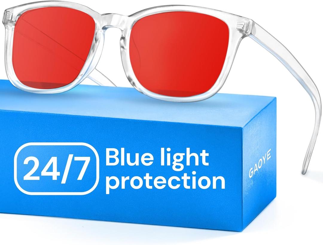 Gaoye Transparent with Red Lenses Blue Light Glasses for Computer & Gaming - Anti UV Ray Lenses, Scratch-Resistant & Comfort Fit (Medium, Clear and Red)