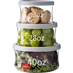 Glass Food Storage Containers with Lids, Leak-Proof BPA Free Round Glass Containers with Lids for Storage soups and leftovers - Microwave, Dishwasher, Freezer Safe (Gray 3PCS)