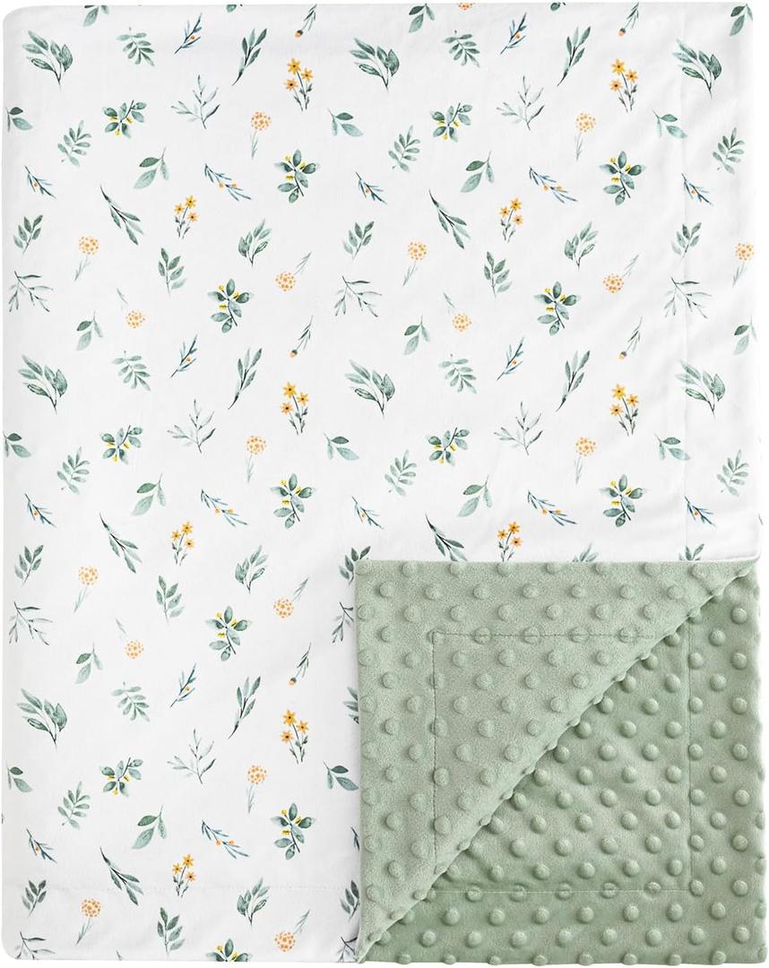david's kids Micro Fleece Minky Baby Blanket for Boys Girls with Double Layer and Soothing Raised Dots, Breathable and Soft Lightweight Receiving Blanket for Newborns, 30x40 Inches, Leaf & Floral
