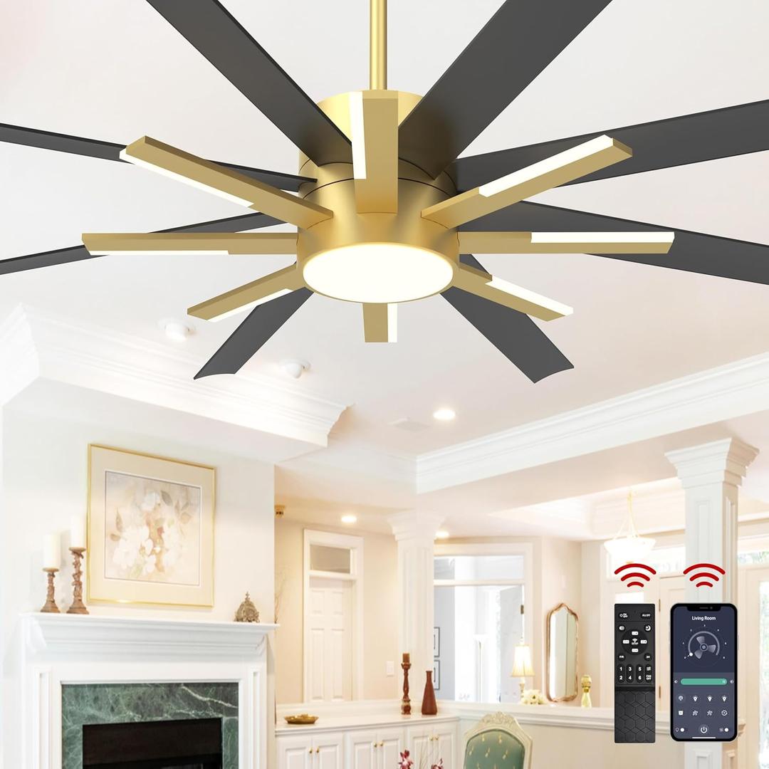 72 inch Large Ceiling Fans with Lights and RemoteIndoor/Outdoor Modern Ceiling Fan for Living Room Patio6 Speed Reversible8 Blades and 9 Lights3 CCTBlack Gold