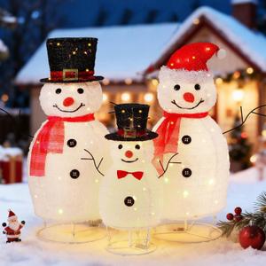 Pinkunn 3 Pcs 32''/32''/20'' Pop-Up Outdoor Snowman Winter Decoration Lighted, Collapsible 3D White Snowman Family 130 LED Large Outdoor Decor for Garden Yard Decor