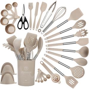 QMVESS Silicone Cooking Utensils Set, 28 Pcs Non-Stick Kitchen Utensils Set with Holder, 446F Heat Resistant Spatula, Tongs, Spoons Set with Stainless Steel Handle Kitchen Gadgets (Khaki)