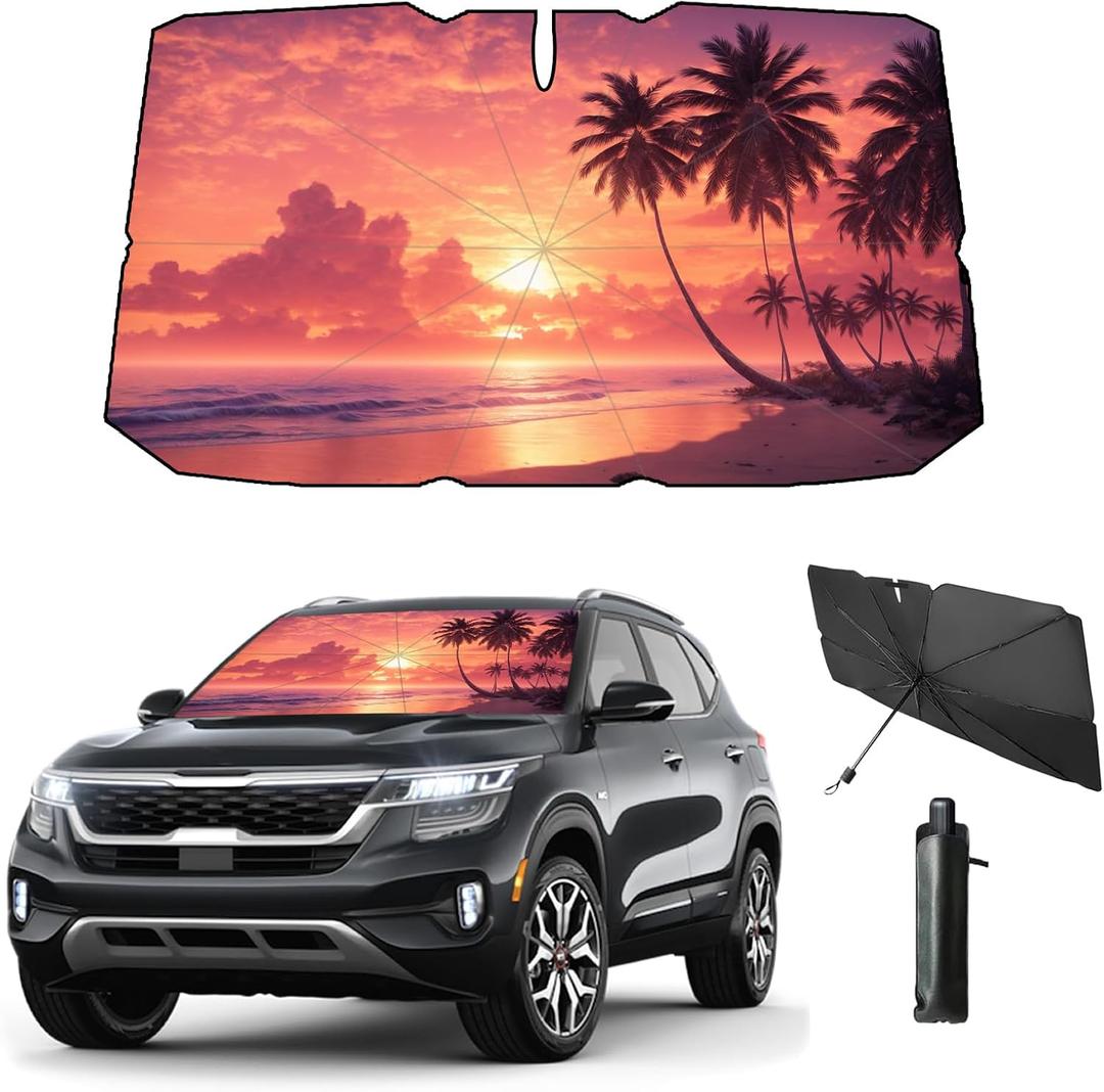 Windshield Sun Shade Beach Sunset Palm Tree Pink Car Shades for Front Windows 100% Blackout Umbrella Sunshades Car Accessories for Women 57"*31" (Sunset)
