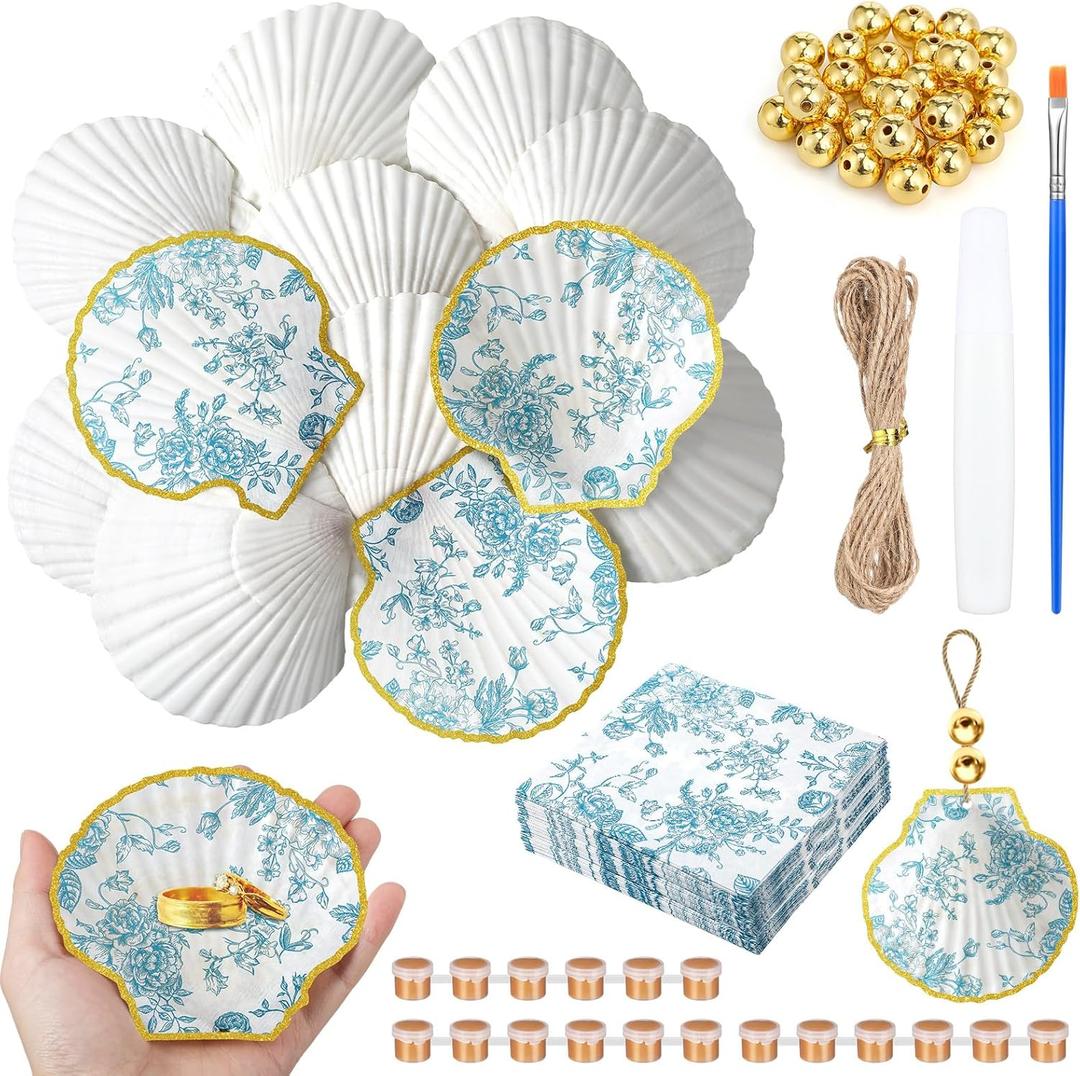 Gilprop 12 Pcs Large Scallop Shells for Shells Crafts 4''-5''with 24 Pcs Blue Floral Decoupage Paper Napkin Acrylic Paint Strips Brushes Gold Bead for DIY Ornament Jewelry Tray