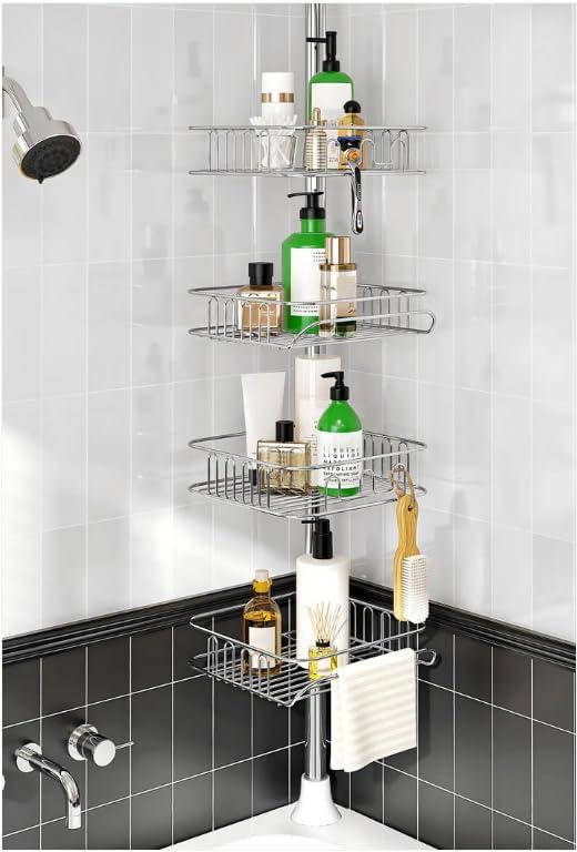 SEIRIONE Rustproof Shower Caddy Corner and Shower Organizer Corner for Bathroom,Corner Shower Caddy Tension Pole with 4 Adjustable Baskets for Shower Accessories, 34 to 116 Inch Height, Silver (Stainless)