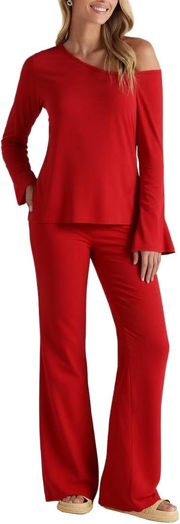 BWQ Sexy 2 Piece Outfits for Women Long Sleeve Wide Leg Pants Casual Lounge Matching Sets (Red, M)