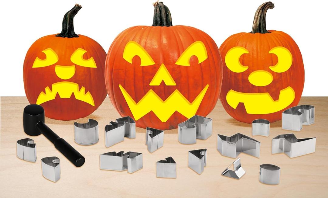 Easy Punch-In Pumpkin Carving Kit  15 Stainless Steel Stencils & Hammer, Safe No-Carve Halloween Pumpkin Decorating Set for Kids & Adults, Reusable Fall Craft Kit