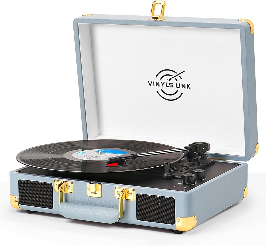 Vinyl Record Player 3-Speed Bass Control Bluetooth Suitcase Portable Belt-Driven Record Player with Built-in Speakers Vintage Turntable RCA Out Headphone Jack Blue