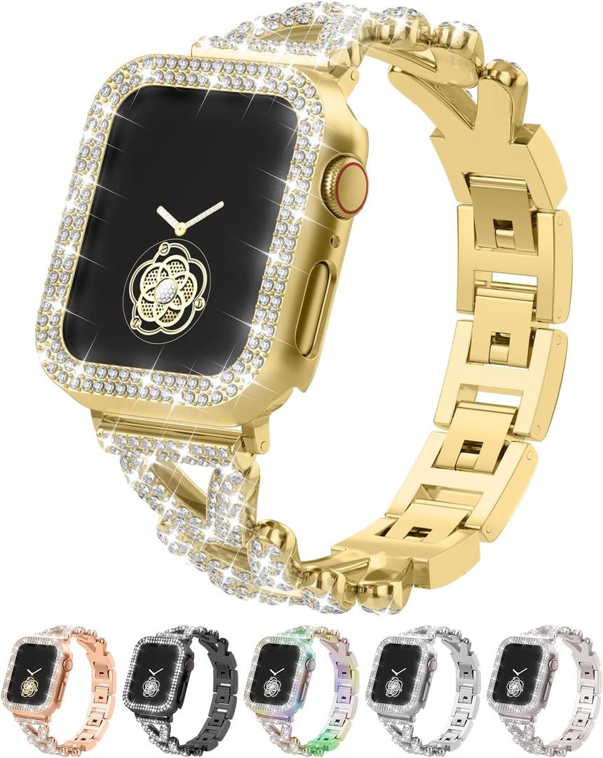 Rhinestones Encrusted Metal Bracelet and Case, Compatible with Apple Watch Bands41MM(Series 9/8/7)- Bling Gold Women's Jewelry Strap, Luxury iWatch Bracelet with Screen Protector