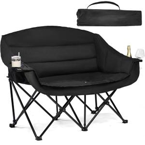 Double Camping Chair Padded Loveseat Chair for 2 Person - Heavy Duty Oversized Camping Couch for Adults Outdoor Sports Lawn Beach Portable Folding XL Chairs with Cup Holders and Carry Bag, All Black