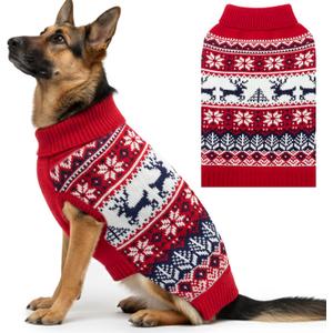 IPRAVOCI Christmas Dog Sweater - Winter Warm Pet Clothes Knitwear for Small Medium Large Dogs - Cute Snowflake Elk Pattern Turtleneck Cold Weather Dog Costume Outfits (L (neck17"- 22" chest27"-30"), Red)