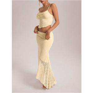 GORGLITTER Women's Two Piece Floral Lace Skirt Sets Twist Front Bandeau Top Skirt Cute Matching Outfits Going Out Coquette Apricot Large