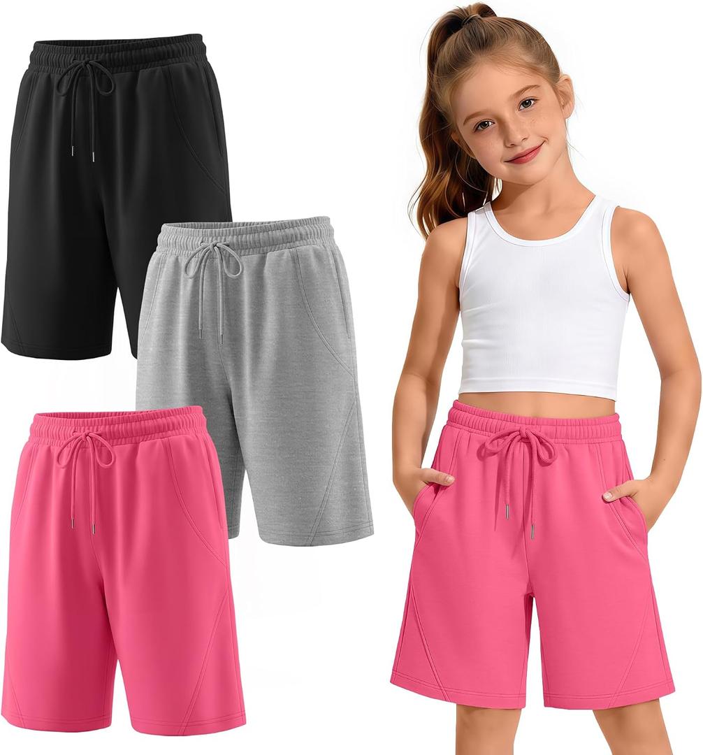 3 Pack Girls' Bermuda Long Shorts 5-14Y | Bermuda Shorts, Athletic, Long Short, Drawstring, Sweatshorts Pocket, for Summer, Casual, for Girls, Kids, Teen, 5-14Y