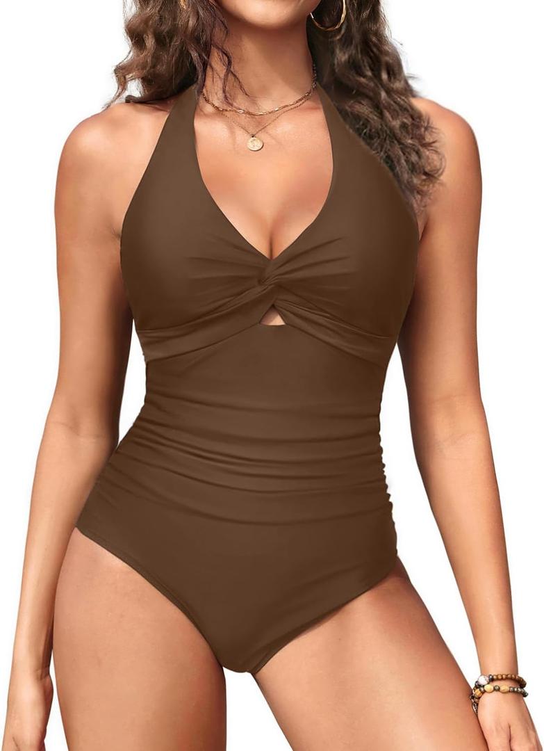 Tummy Control One Piece Swimsuits - Women Halter Bathing Suit 2025 Twist Front Cut Out Full Coverage Swimwear (X-Large, Brown)