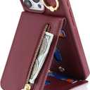 2 x for iPhone 15 pro Case with Card Holder for Women, for iPhone 15 pro Phone Case Wallet with Strap Credit Card with Kickstand Zipper Case - Red Wine