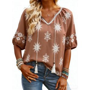 Halife Womens Flowy Boho Summer Tops Tassel Tie V Neck Short Sleeve Blouses (Brown, XL)