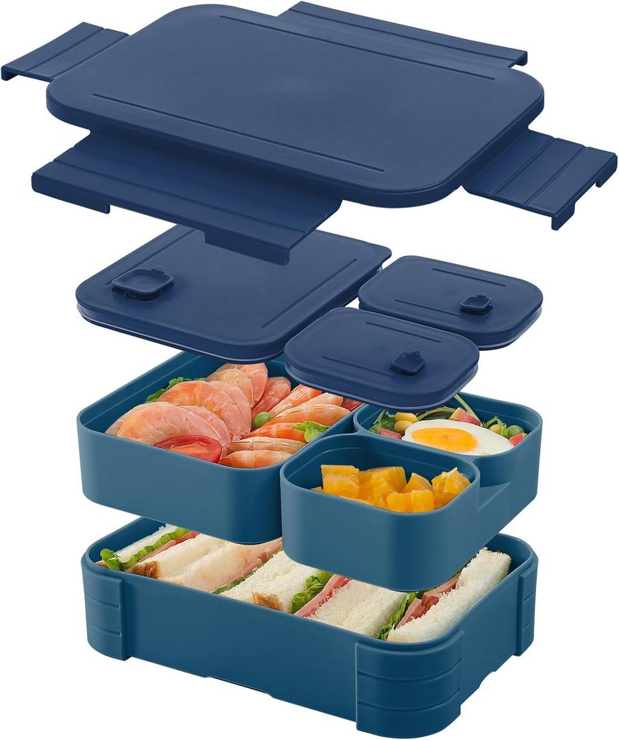 3 in 1 Leak-Resistant Bento Lunch Box For Adults, Teens, & Larger Appetites; Reusable BPA-Free Meal Prep Container with 3 Compartments, Dishwasher/Microwave Safe (Navy Blue)