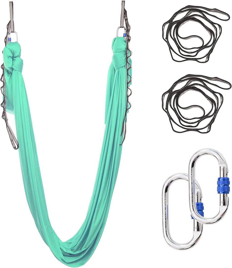 5.5 Yards Aerial Silks Yoga Swing Set - Aerial Yoga Hammock Kit Anti-Gravity Flying for Fitness, Low/Non Stretch Nylon Tricot Fabric Hardware Included for Dance (TENDER GREEN)