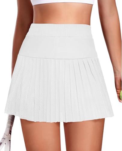 Fisoew Women's Mesh Tennis Skirts Built in Shorts High Waisted Pleated Athletic Golf Workout Skorts with Pockets White 29.5 x 38