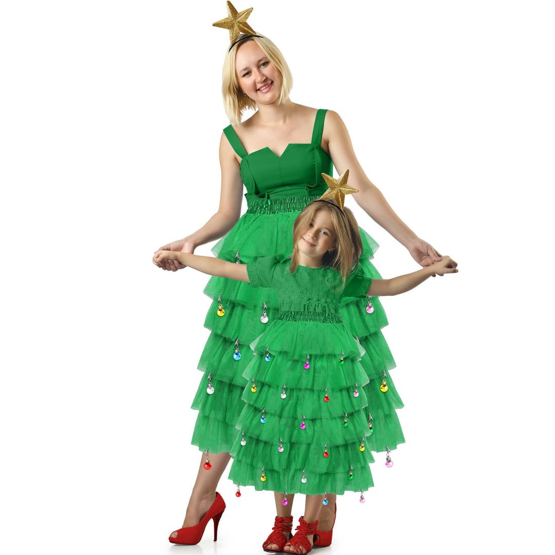 Hillban Christmas Tree Costume Set Festive Party Outfit Tulle Skirts Star Headband Beard Ornaments for Women 7-8Y (Green)