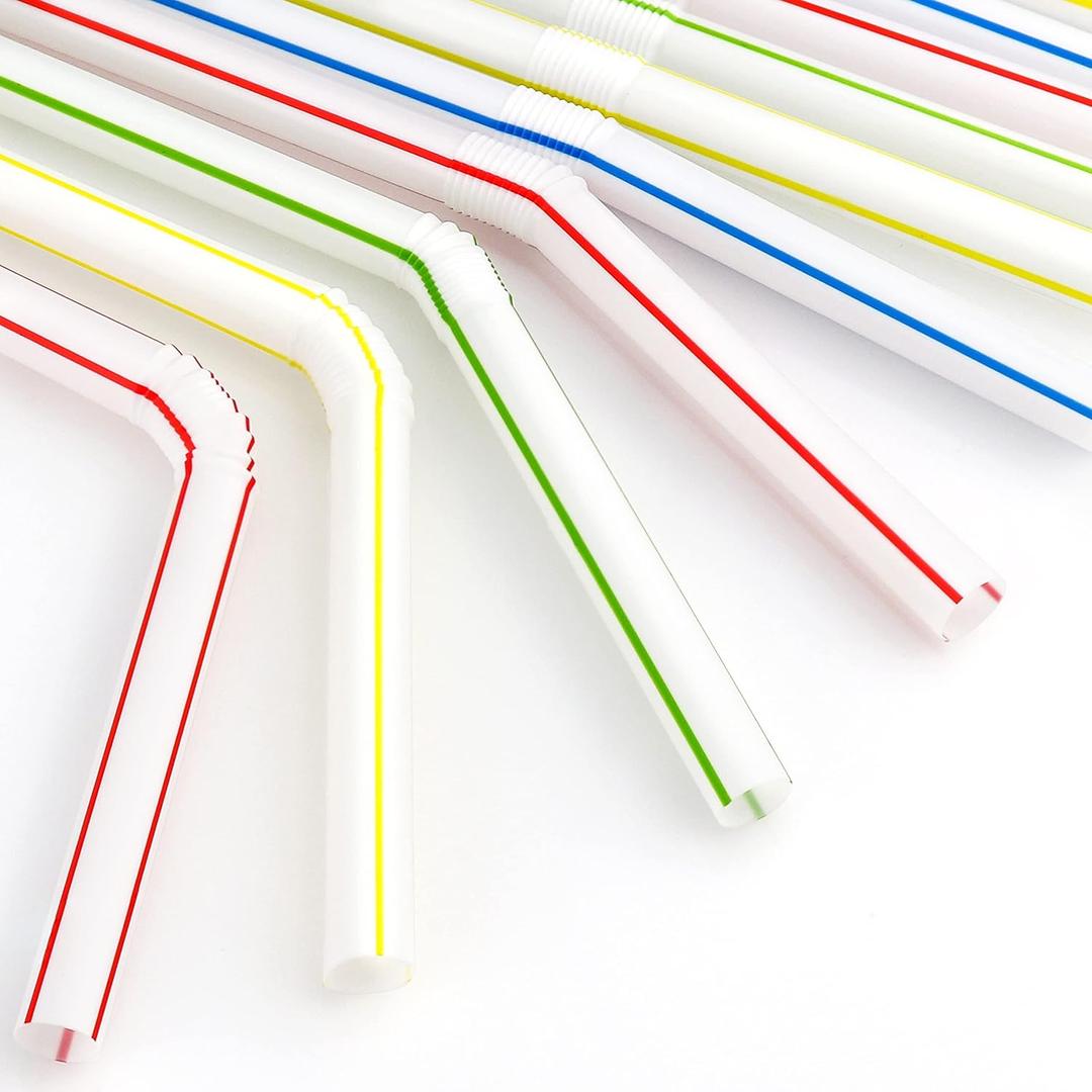 200 Bendable Straws, Flexible Straws, Striped Fun Colorful Drinking Straw, Disposable (Stripes)