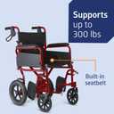 Medline Basic Aluminum Transport Chair, Lightweight Folding Transport Wheelchair with Swing-Back Arms, 12" Wheels, Red, 19 inches